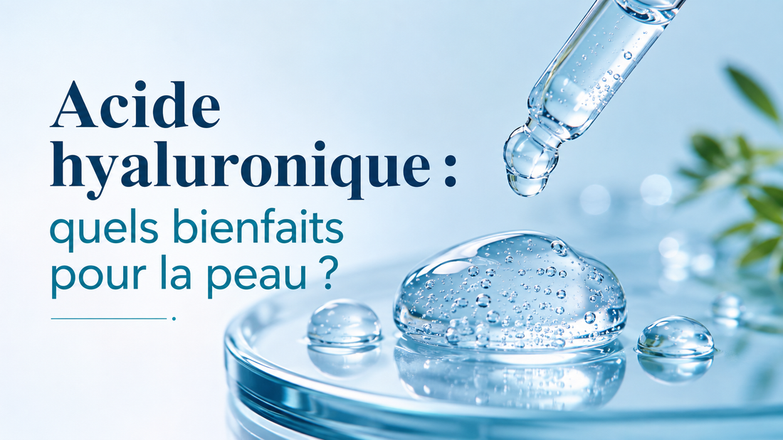  Gouttes de gel transparent sur une surface en verre évoquant un soin hydratant à l’acide hyaluronique.