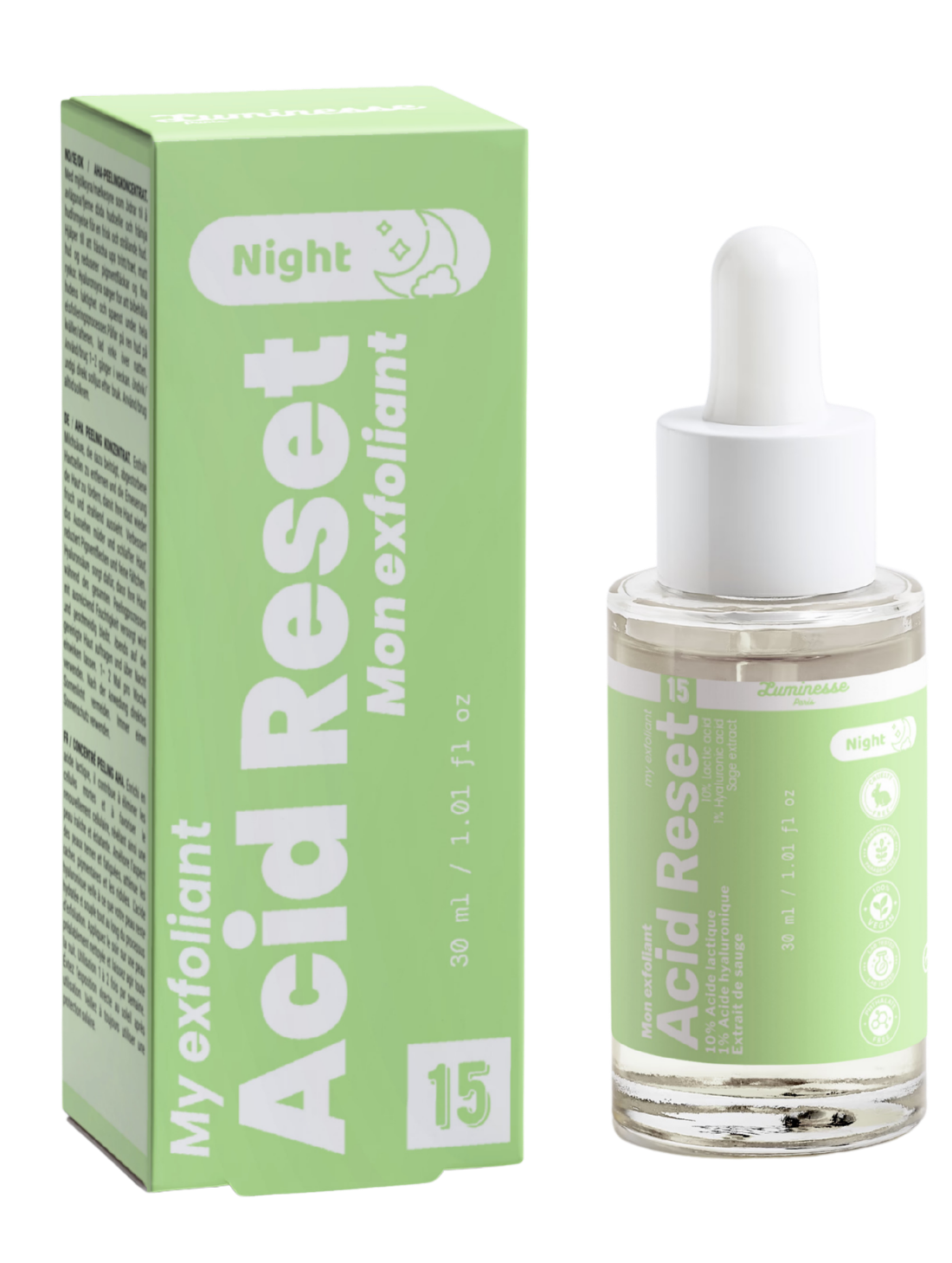 Packshot d’Acid Reset n°15 de Luminesse Paris avec son étui vert clair et son flacon compte-gouttes transparent de 30 ml. La boîte et le flacon sont présentés côte à côte sur fond transparent ; le packaging indique un exfoliant de nuit avec 10 % d’acide lactique, 1 % d’acide hyaluronique et extrait de sauge.