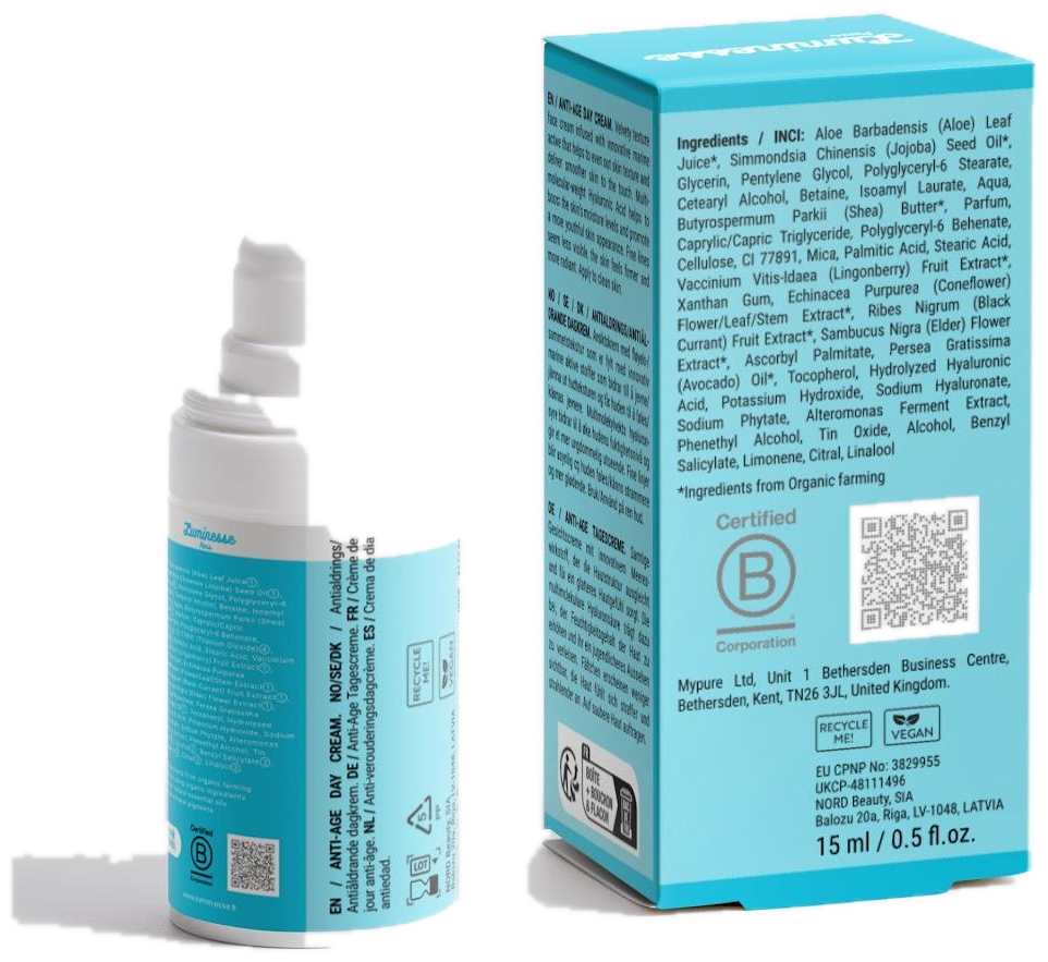 Anti-Age Day Cream Luminesse Paris, vue arrière du flacon et de l’étui sur fond transparent