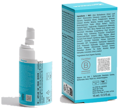 Anti-Age Day Cream Luminesse Paris, vue arrière du flacon et de l’étui sur fond transparent