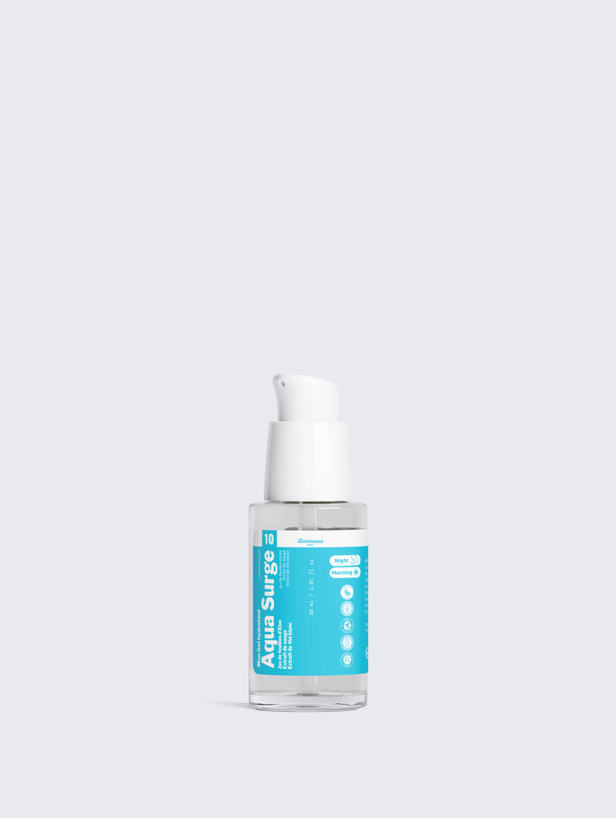 Visuel associé à Aqua Surge de Luminesse Paris, gel hydratant pour le visage à l’acide hyaluronique multi-poids et au Sodium PCA. Image de présentation du soin destiné aux peaux normales, matures ou déshydratées, avec aloe vera, sauge et thé blanc dans la formule.