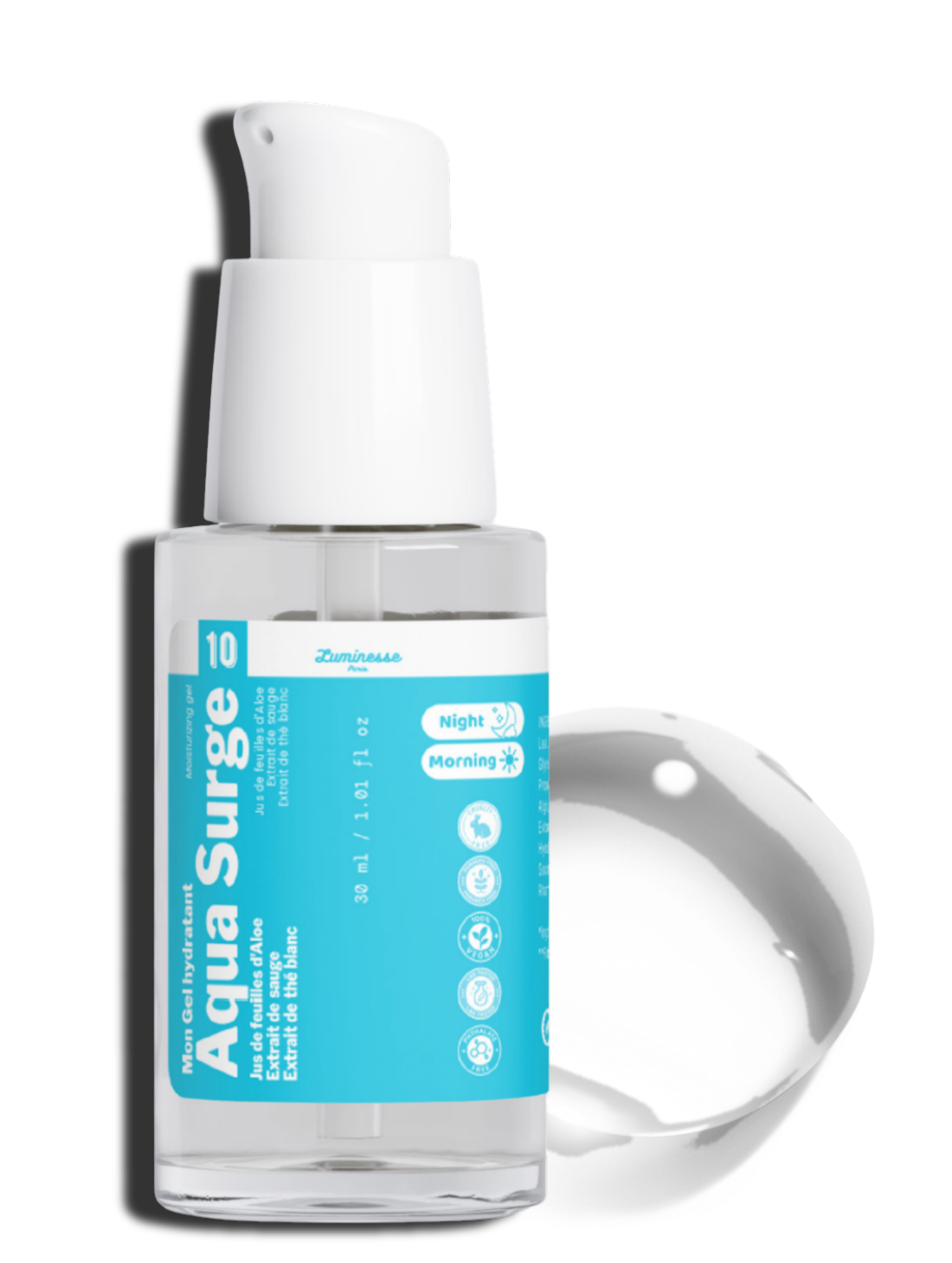 Visuel de présentation d’Aqua Surge de Luminesse Paris, gel hydratant pour le visage à l’acide hyaluronique multi-poids et au Sodium PCA. L’image accompagne la fiche du soin et met en contexte sa formule avec aloe vera, sauge et thé blanc, adaptée à une routine hydratante légère.