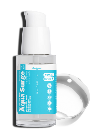 Visuel de présentation d’Aqua Surge de Luminesse Paris, gel hydratant pour le visage à l’acide hyaluronique multi-poids et au Sodium PCA. L’image accompagne la fiche du soin et met en contexte sa formule avec aloe vera, sauge et thé blanc, adaptée à une routine hydratante légère.