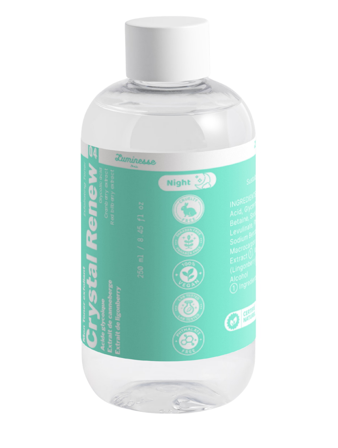 Packshot détouré de Crystal Renew n°04 de Luminesse Paris, tonique visage en flacon transparent de 250 ml avec étiquette turquoise et bouchon blanc. Le packaging mentionne l’acide glycolique, des extraits de cranberry et de lingonberry ainsi que l’utilisation Night.