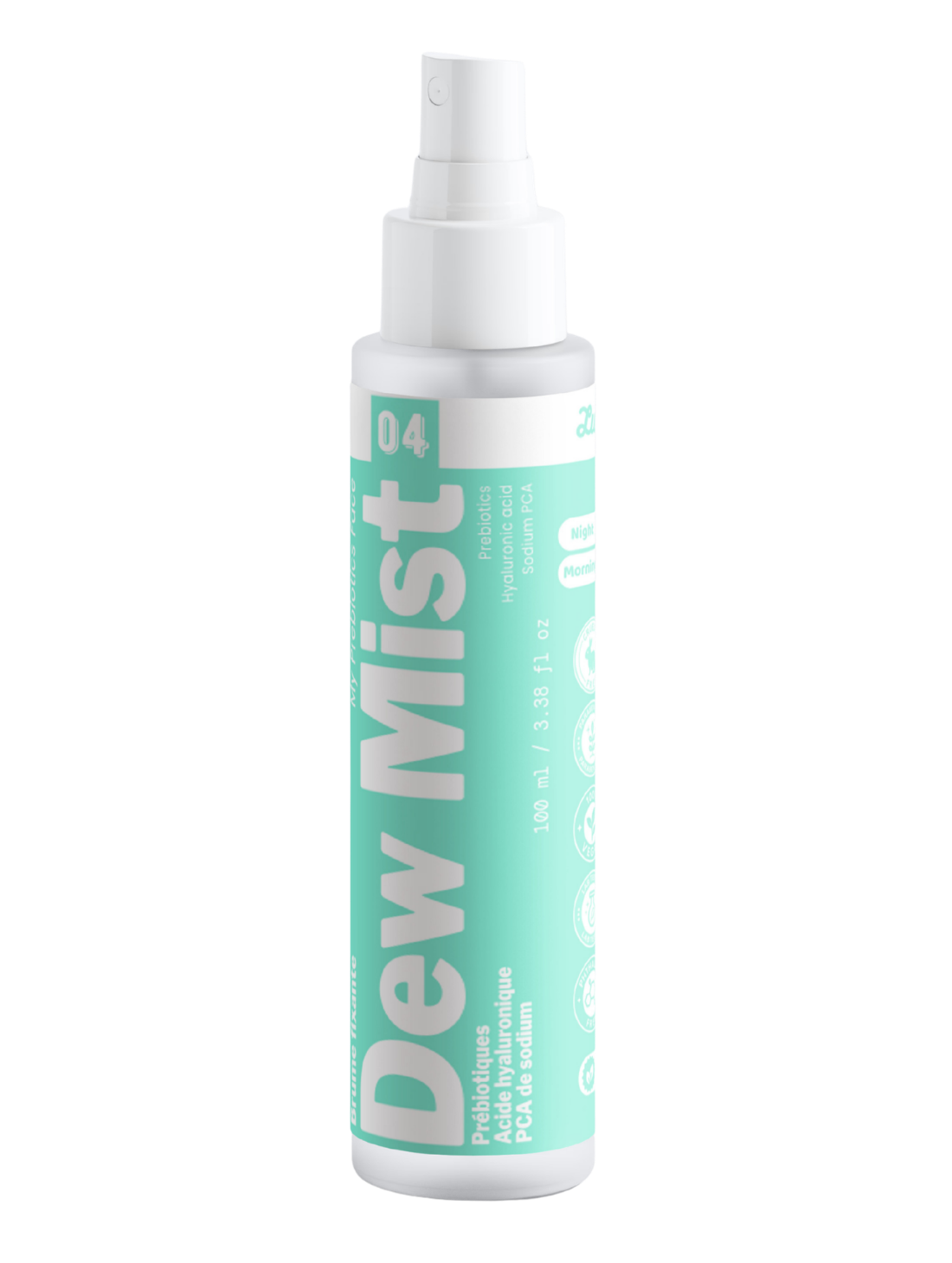 Packshot détouré de Dew Mist n°04 de Luminesse Paris, brume visage en flacon spray blanc de 100 ml avec étiquette turquoise. Le produit est présenté seul sur fond transparent ; les mentions prébiotiques, acide hyaluronique, PCA de sodium ainsi que Morning et Night sont visibles sur le packaging.