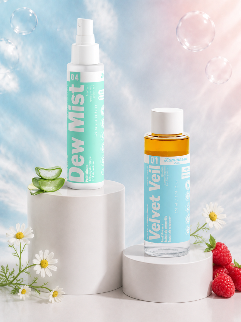 Duo Clean Slate de Luminesse Paris, deux soins visage associant démaquillage biphasé et brume prébiotique.