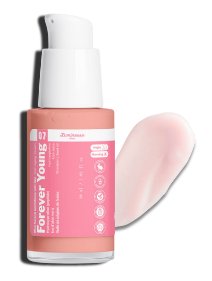 Visuel de présentation de Forever Young de Luminesse Paris, sérum anti-âge aux peptides. L’image accompagne la fiche du soin formulé avec 2 % d’Hexapeptide-11, extrait de ginkgo biloba, acide hyaluronique et huiles de baies, intégré à une routine dédiée à l’apparence des ridules et à la fermeté.