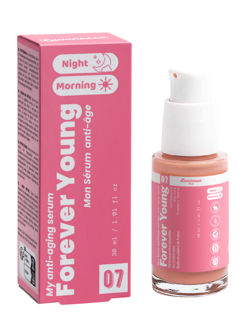 Packshot de Forever Young n°07 de Luminesse Paris avec son étui rose et son flacon pompe de 30 ml contenant un sérum couleur pêche. Le produit et la boîte sont présentés côte à côte sur fond transparent ; les mentions Morning et Night sont visibles sur le packaging.