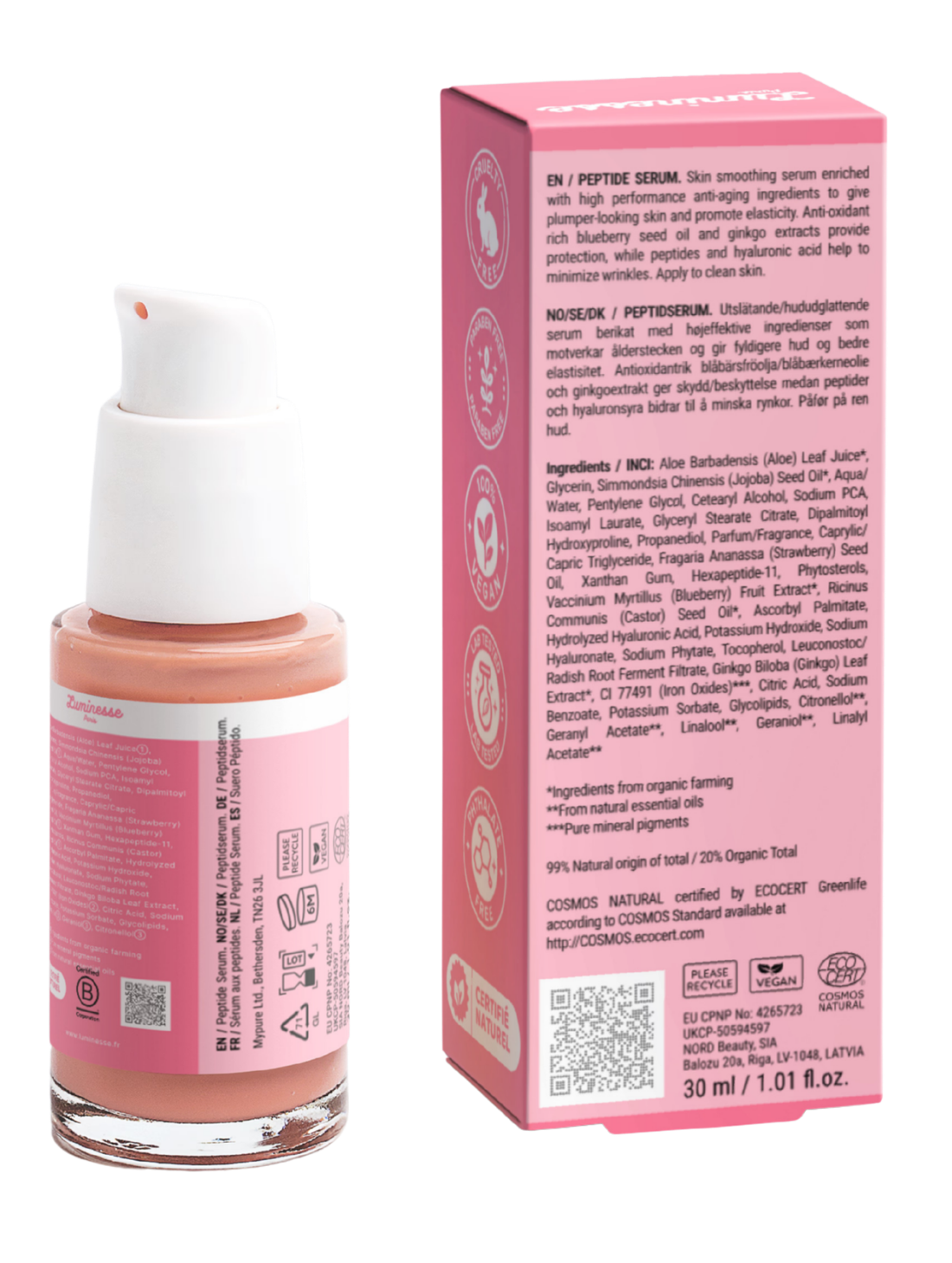 Vue arrière de Forever Young n°07 de Luminesse Paris avec son flacon pompe de 30 ml et son étui rose sur fond transparent. Le dos du packaging présente la description du sérum aux peptides, la liste INCI, un QR code ainsi que les pictogrammes Vegan et COSMOS Natural.