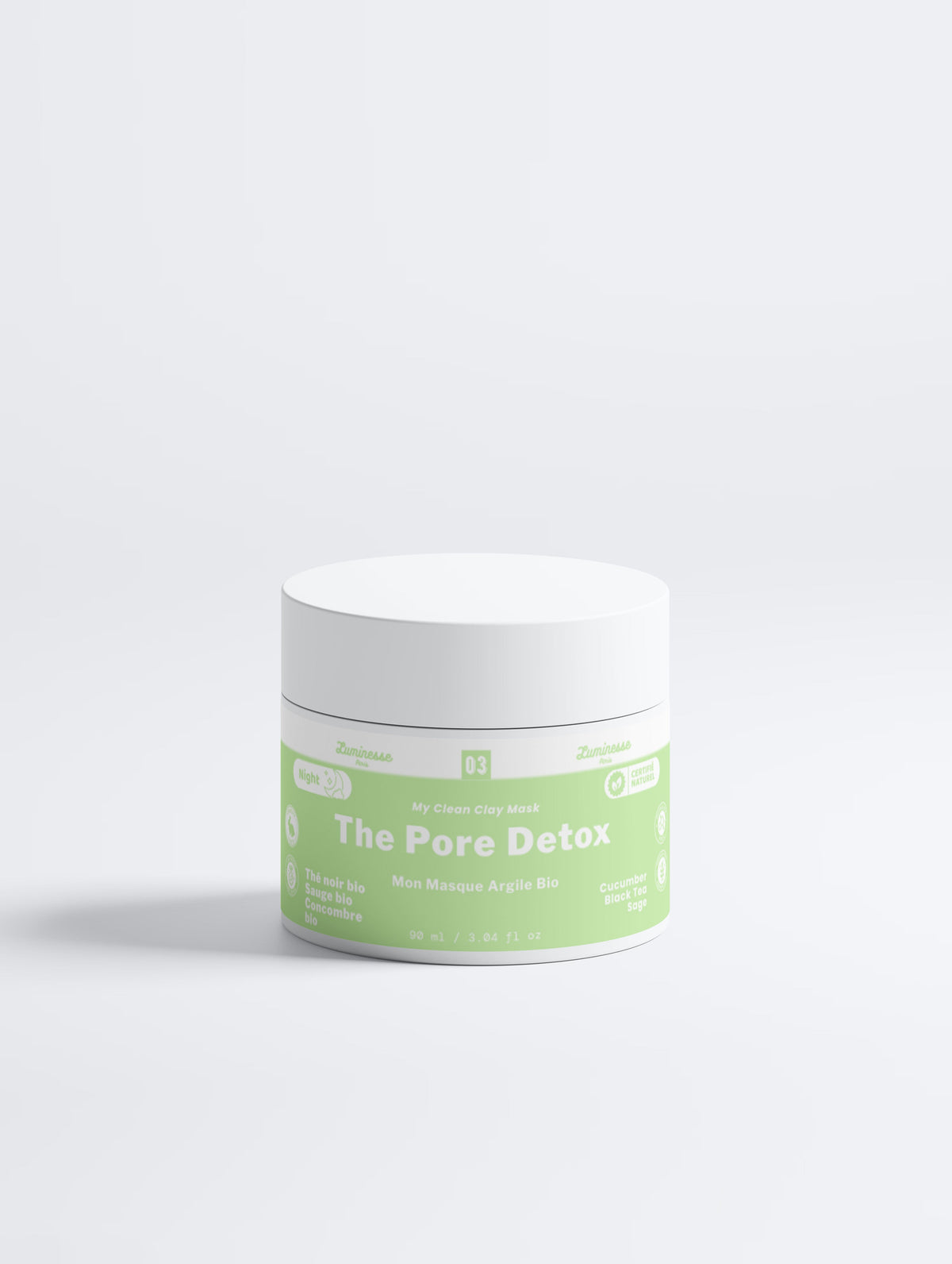 Photo produit de Pore Detox de Luminesse Paris, masque purifiant à l’argile pour le visage. Le soin est utilisé dans le Trio Pore Detox pour illustrer l’étape de purification ponctuelle, entre le nettoyage avec Silk Cleanse et la brume hydratante Dew Mist.