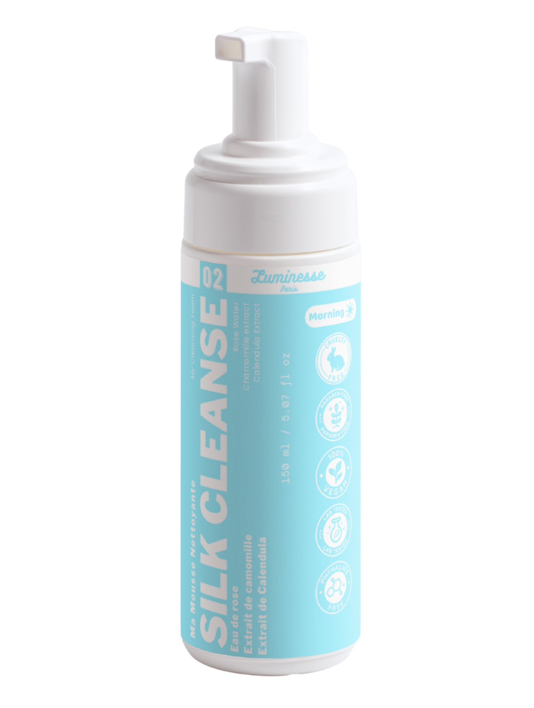 Packshot de Silk Cleanse de Luminesse Paris, mousse nettoyante douce pour le visage. Le produit est présenté seul et sert à illustrer l’étape de nettoyage du Duo Pore Detox, avant l’application du masque purifiant Pore Detox.