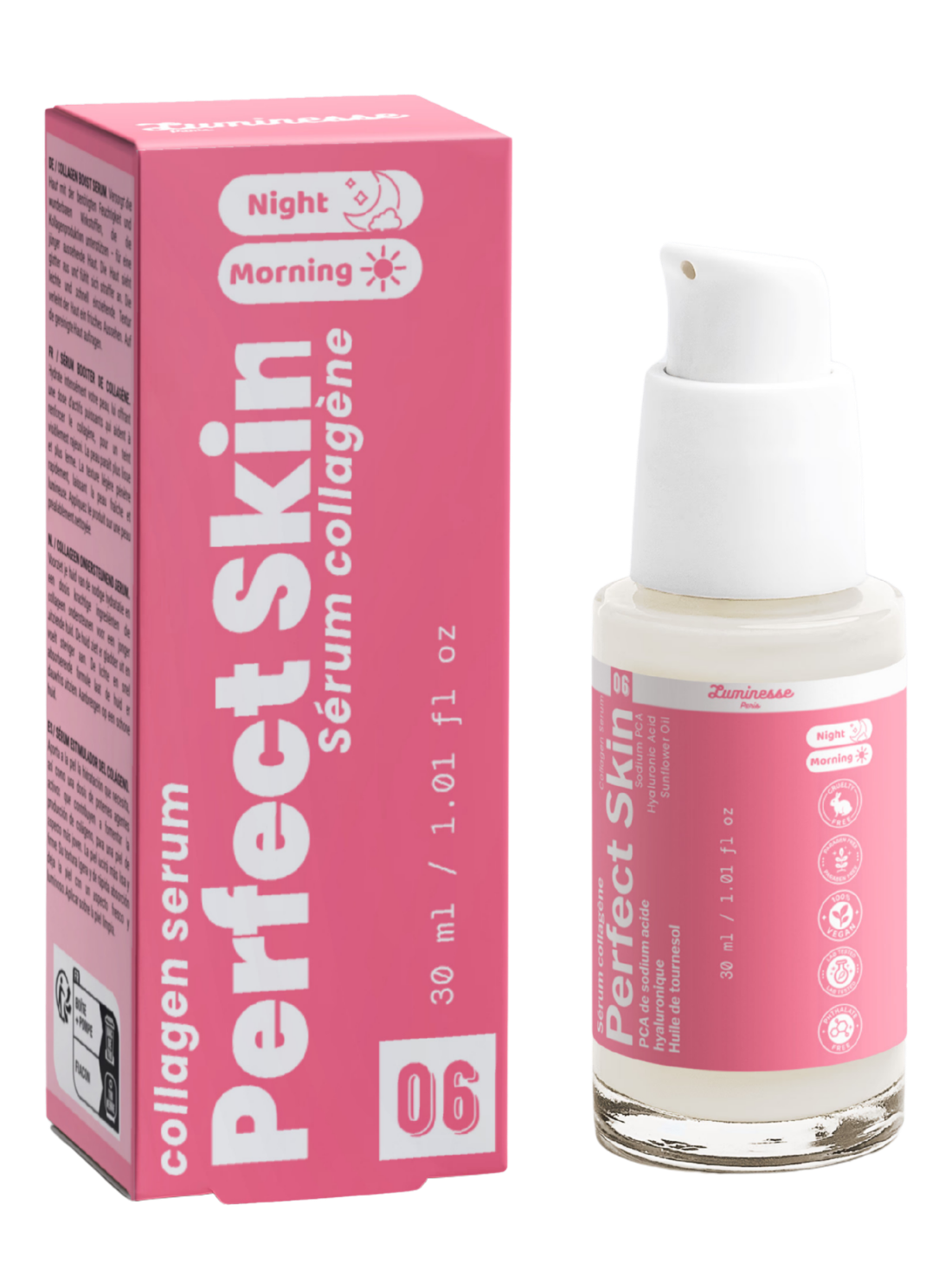 Packshot de Perfect Skin n°06 de Luminesse Paris avec son étui rose et son flacon pompe de 30 ml. La boîte et le flacon sont présentés côte à côte sur fond transparent ; le packaging indique « sérum collagène » et mentionne le PCA de sodium, l’acide hyaluronique, l’huile de tournesol ainsi que Morning et Night.