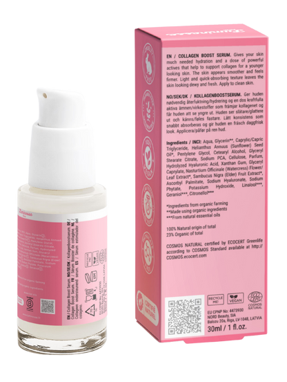 Vue arrière de Perfect Skin n°06 de Luminesse Paris avec son flacon pompe de 30 ml et son étui rose sur fond transparent. Le dos du packaging présente le « Collagen Boost Serum », la liste INCI avec notamment Sodium PCA, acide hyaluronique et huile de tournesol, ainsi que les pictogrammes Vegan et COSMOS Natural.