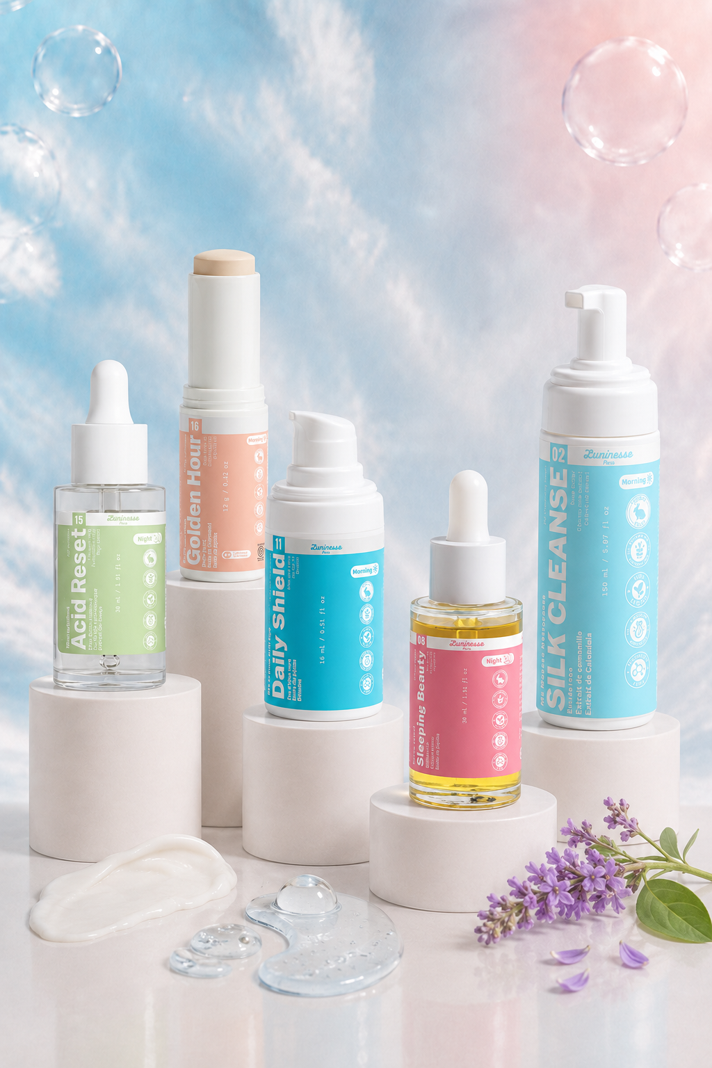 Visuel principal de la Routine Imperfections de Luminesse Paris réunissant cinq soins visage : Silk Cleanse, Acid Reset, Sleeping Beauty, Aqua Surge et Golden Hour. La routine associe nettoyage doux, peeling AHA, sérum-huile au bakuchiol, hydratation légère et protection solaire SPF 50 pour les peaux sujettes aux imperfections et au grain irrégulier.