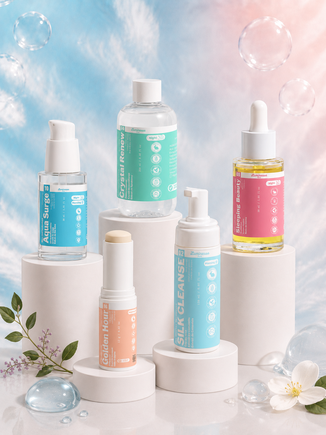 Visuel principal de la Routine Pores visibles de Luminesse Paris réunissant Silk Cleanse, Crystal Renew, Sleeping Beauty, Aqua Surge et Golden Hour. Cette routine visage associe nettoyage doux, exfoliation à 5 % d’acide glycolique, sérum-huile au bakuchiol, hydratation légère et protection solaire SPF 50 pour accompagner l’apparence des pores et du grain de peau.