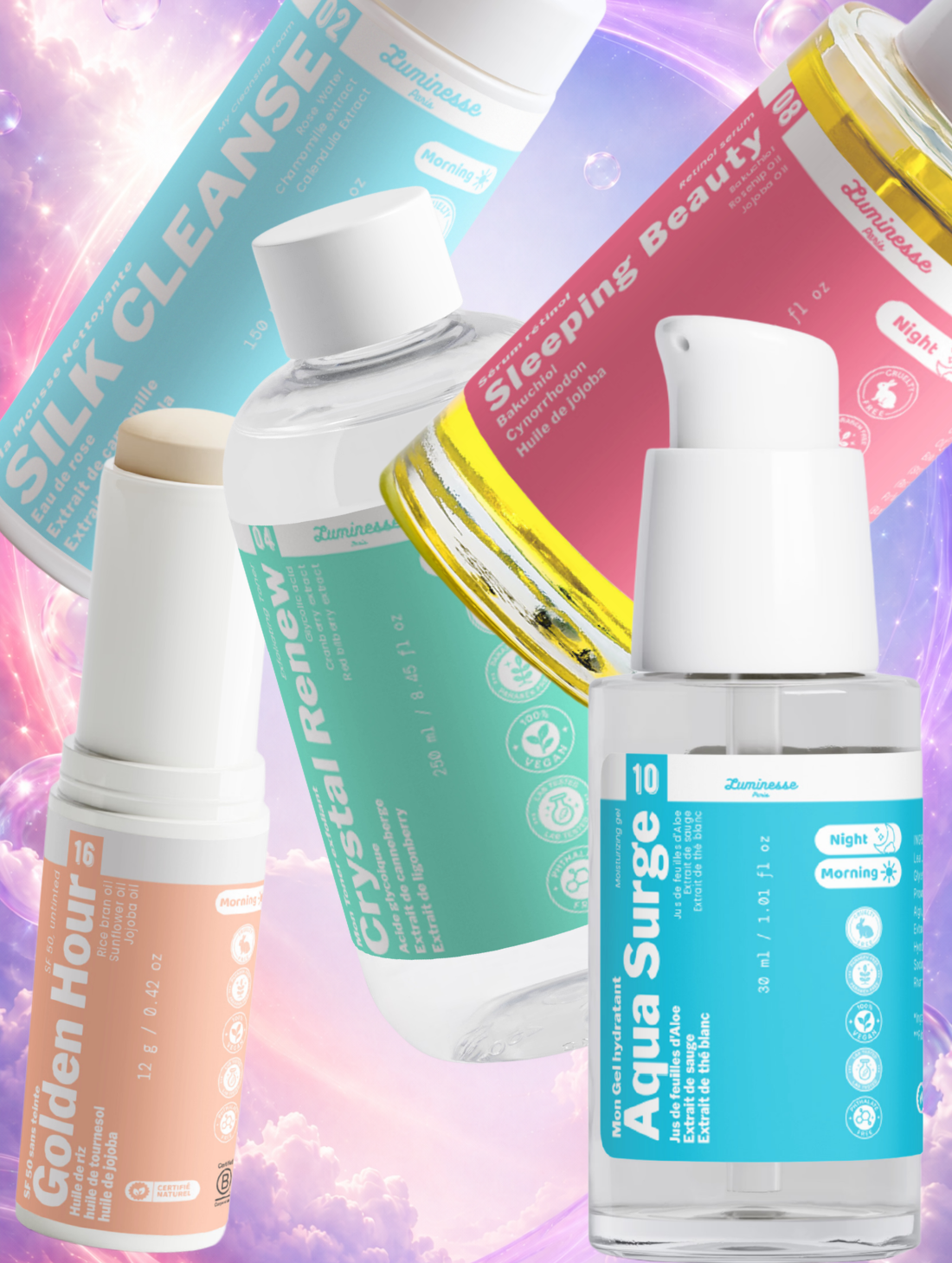 Illustration de la Routine Pores visibles de Luminesse Paris, associant nettoyage, exfoliation et hydratation.