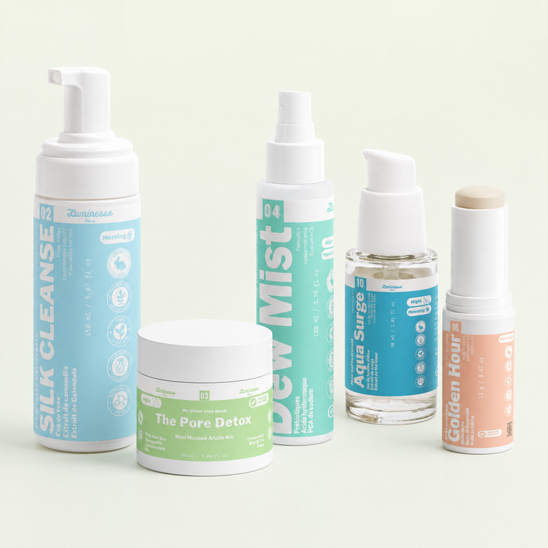 Visuel du Quintet Pore Detox de Luminesse Paris réunissant cinq soins visage : Silk Cleanse, Pore Detox, Dew Mist, Aqua Surge et Golden Hour. La routine associe nettoyage, masque purifiant à l’argile, brume hydratante, soin à l’acide hyaluronique et protection solaire SPF 50.