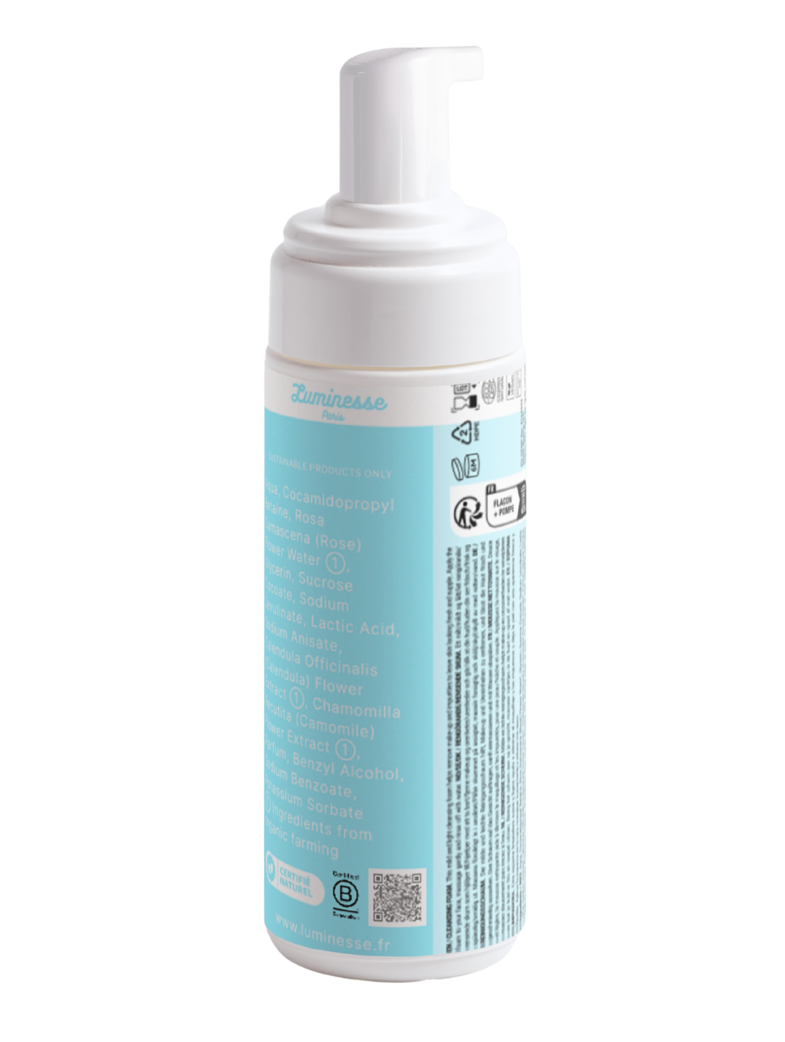 Vue arrière de Silk Cleanse n°02 de Luminesse Paris, mousse nettoyante visage en flacon pompe blanc avec étiquette turquoise. Le dos du packaging affiche la liste INCI, avec notamment eau de rose, calendula et camomille, ainsi qu’un QR code, la certification B Corporation et les informations de recyclage.