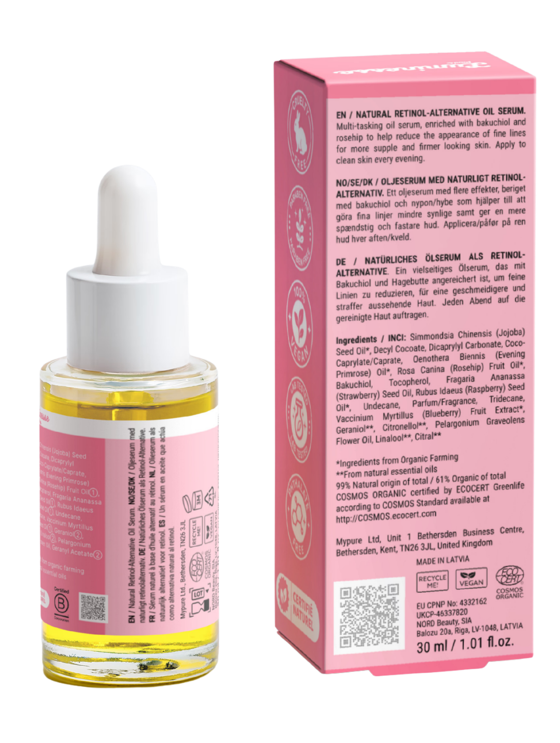 Vue arrière de Sleeping Beauty n°08 de Luminesse Paris avec le flacon compte-gouttes de 30 ml et son étui rose sur fond transparent. Le dos du packaging présente la description du sérum-huile, la liste INCI, un QR code et plusieurs pictogrammes de certification, dont Vegan et COSMOS Organic.