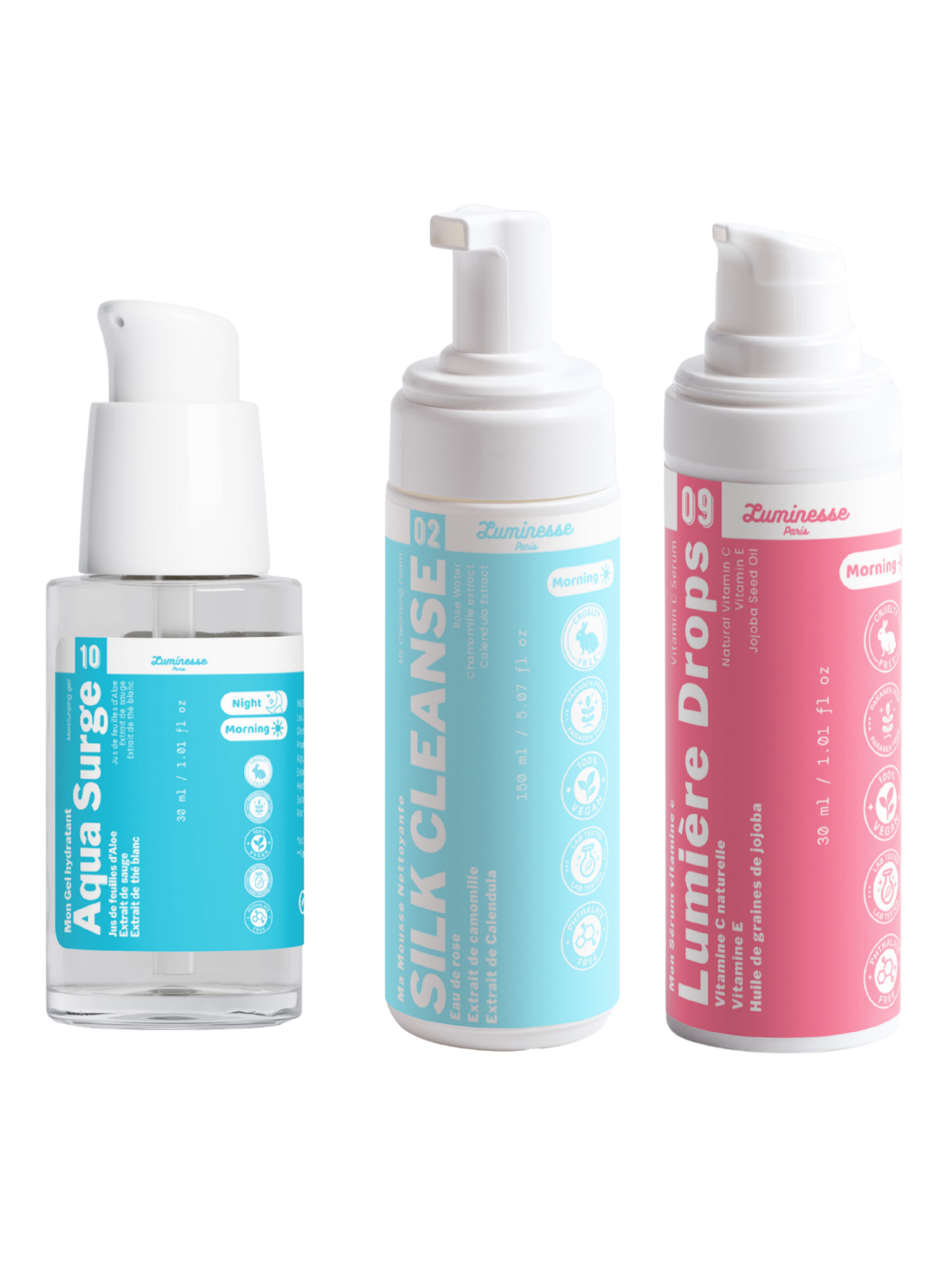 Image complémentaire du Trio Glow Starter de Luminesse Paris, rituel visage en trois étapes autour de l’éclat et de l’hydratation.