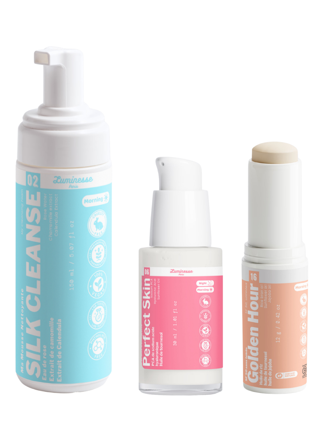 Visuel de galerie du Trio Rituel Matin de Luminesse Paris, routine de trois soins pour nettoyer, illuminer et protéger le visage.