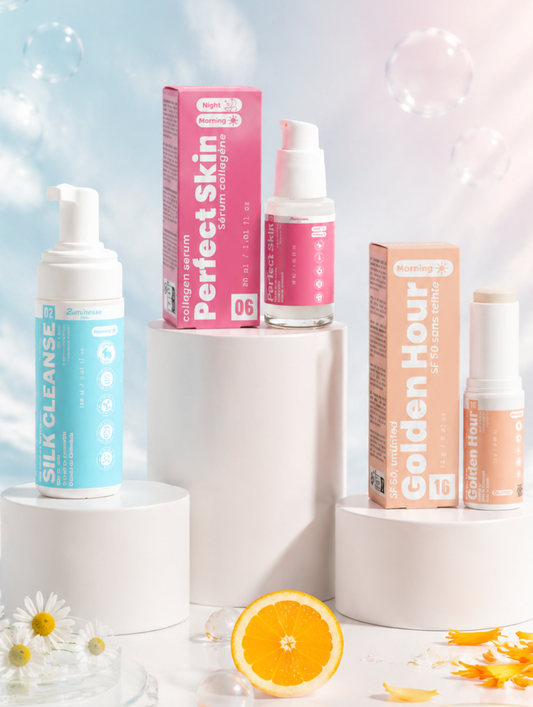 Trio Rituel Matin de Luminesse Paris, trois soins visage pour nettoyer, illuminer et protéger la peau.